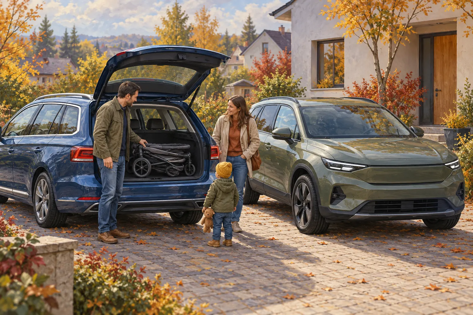 Familie zwischen einem blauen Kombi mit geöffnetem Kofferraum und einem grünen SUV auf einer herbstlichen Einfahrt.
