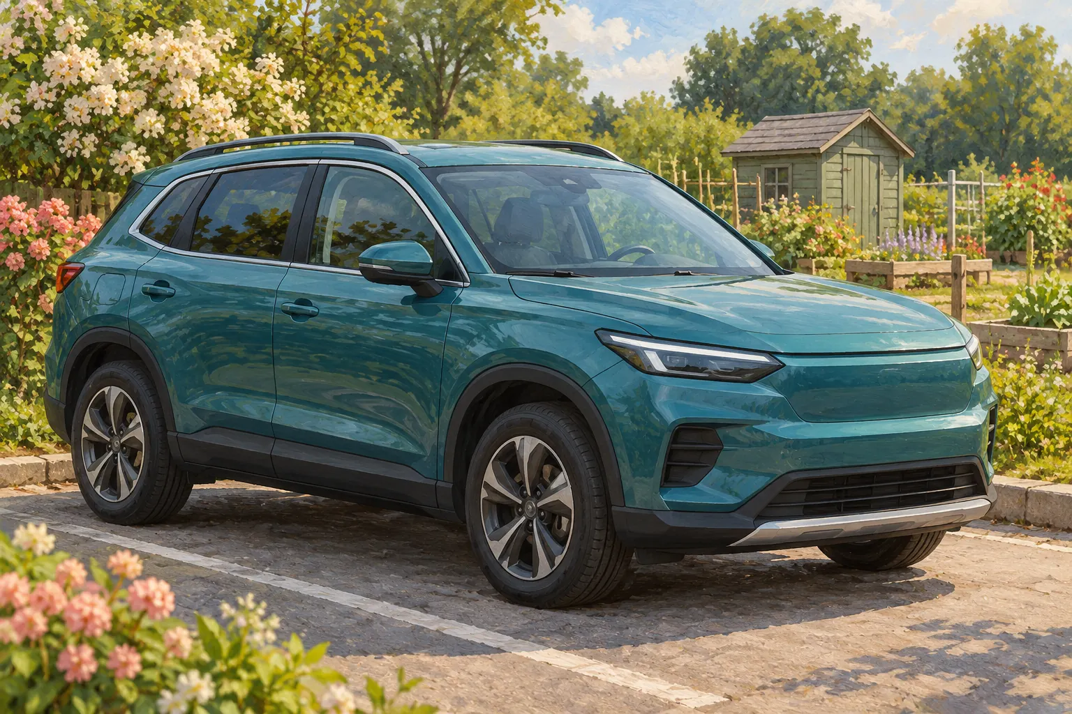 Mittelgroßes frei gestaltetes SUV an einem Garten.
