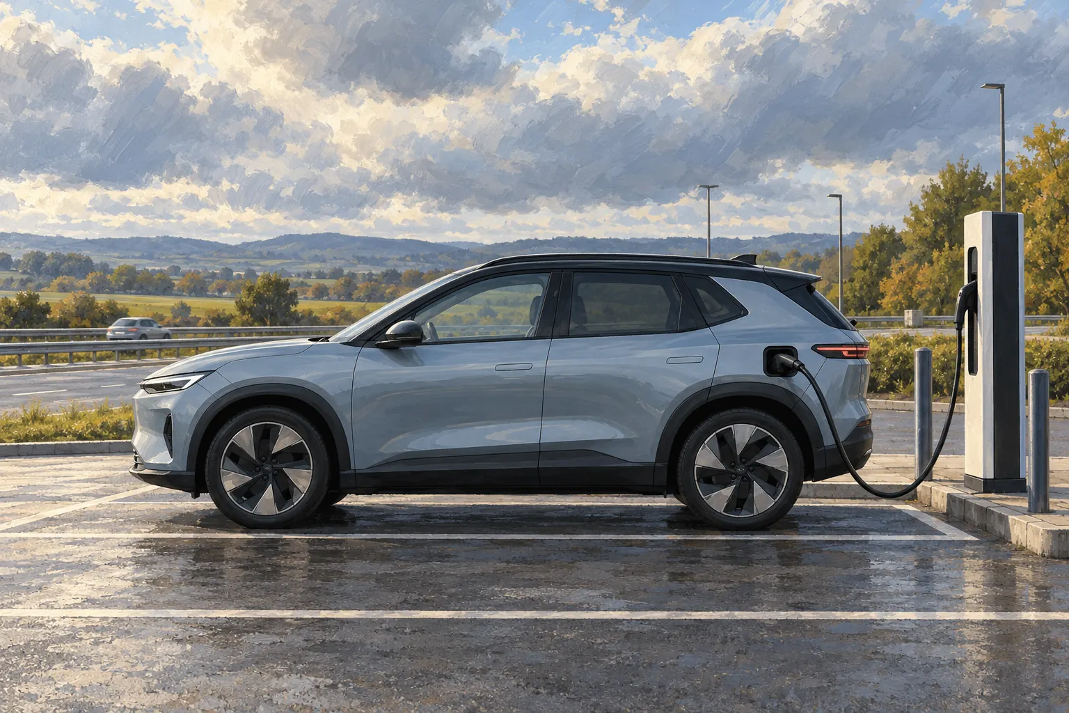 Illustration eines kompakten Elektroautos beim Zwischenladen.