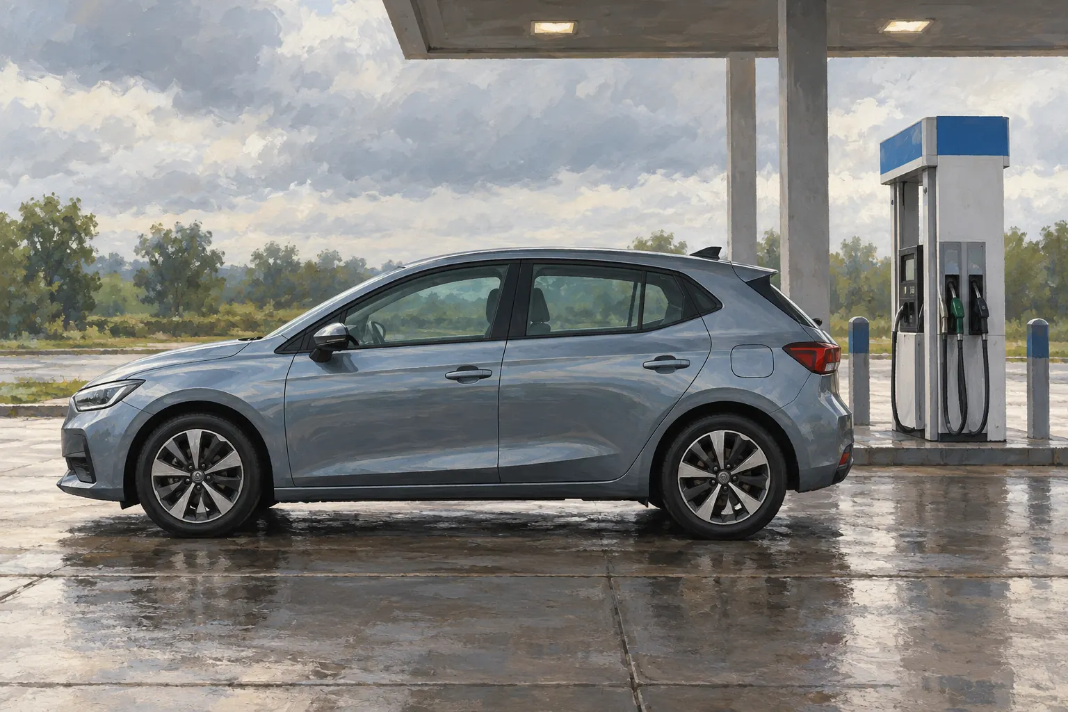 Symbolisches Tankstellenmotiv für einen Vollhybrid ohne Ladeanschluss.