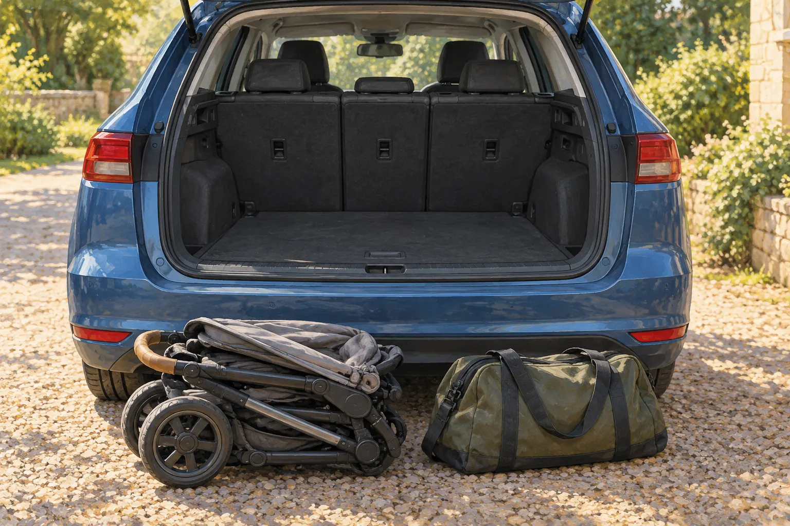 Kinderwagen und Sporttasche für eine Beladungsprobe am frei gestalteten Kombi.