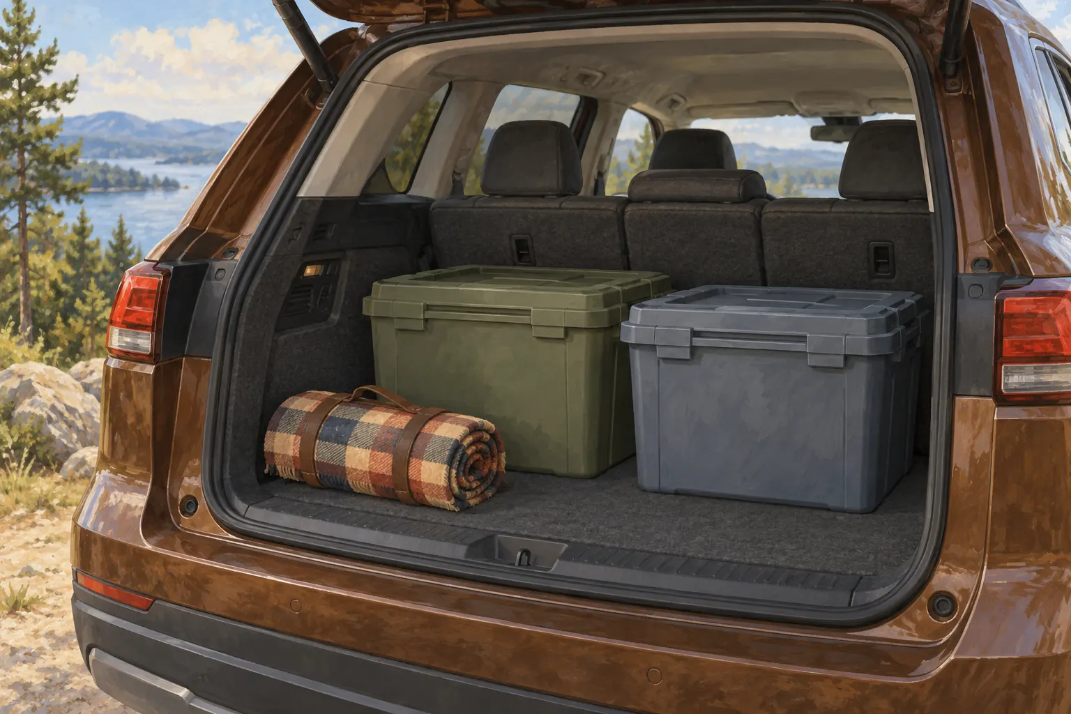 Aufbewahrungsboxen im Gepäckraum eines frei gestalteten SUV.