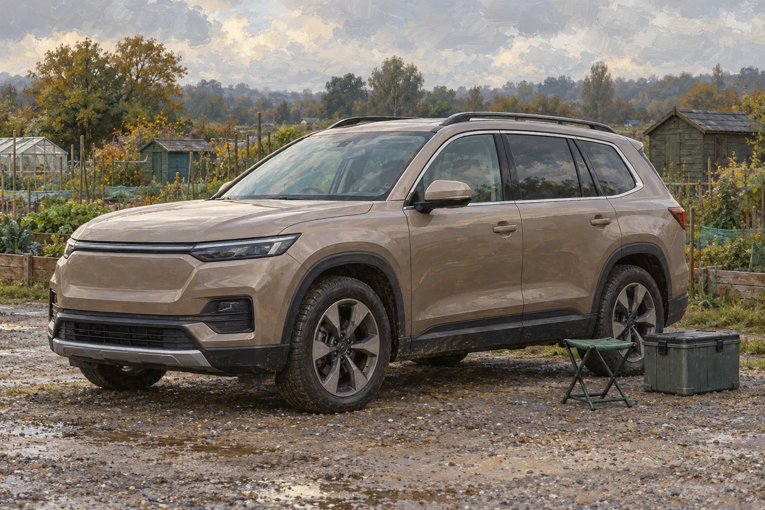 Großes frei gestaltetes SUV an einer Kleingartenanlage.