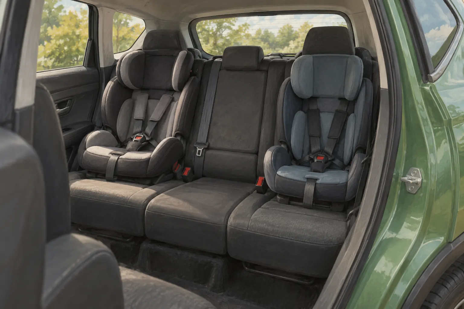 Zwei Kindersitze als Motiv für eine Sitzprobe in einem frei gestalteten SUV.