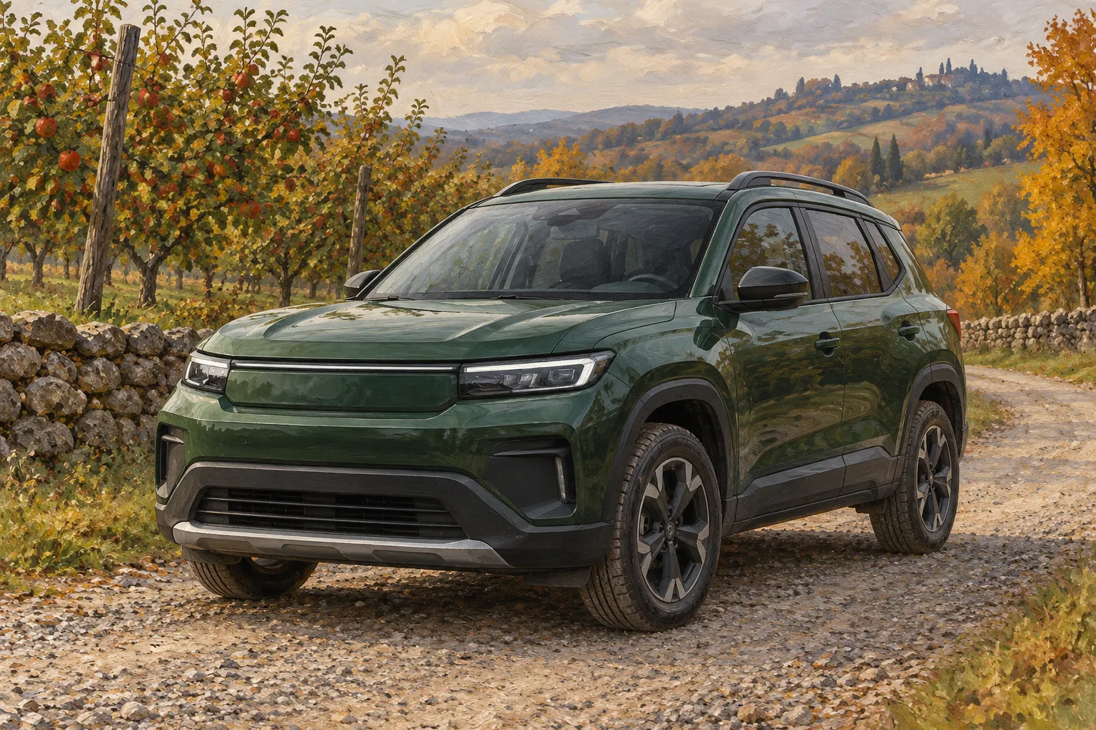 Kompaktes frei gestaltetes SUV an einer Schotterzufahrt.