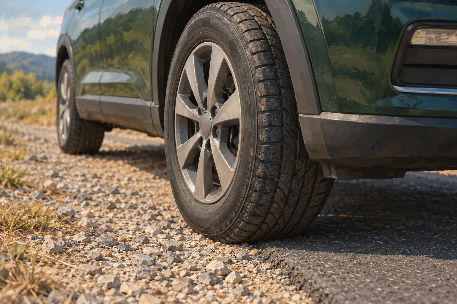 Reifen eines frei gestalteten SUV am Übergang von Asphalt zu Schotter.