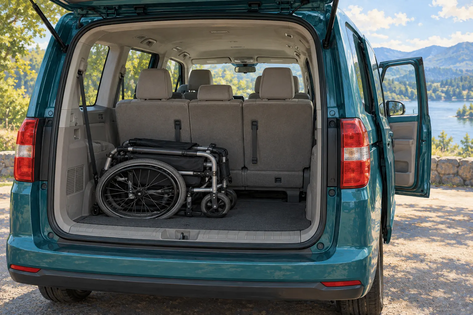 Zusammengeklappter Rollstuhl hinter den Sitzen eines Vans.