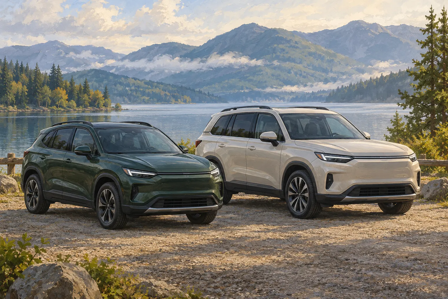 Kleiner Crossover und größeres SUV auf einem Parkplatz am See.