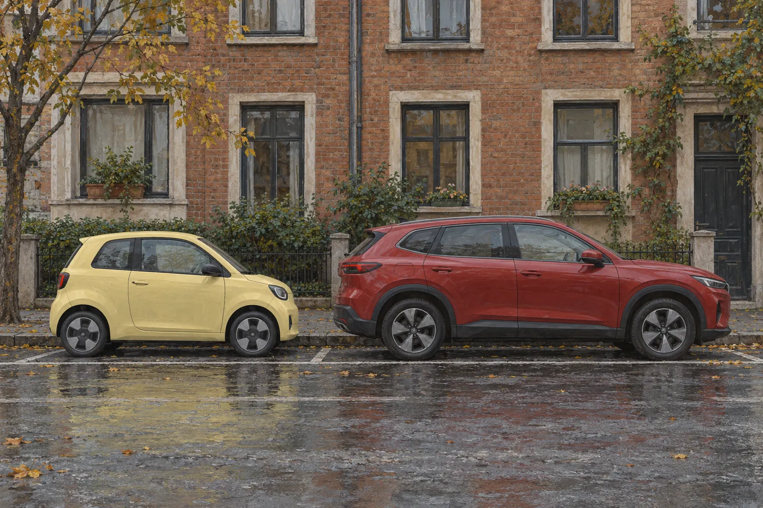 Kleiner gelber Wagen und größeres rotes Familienauto in Parkbuchten.