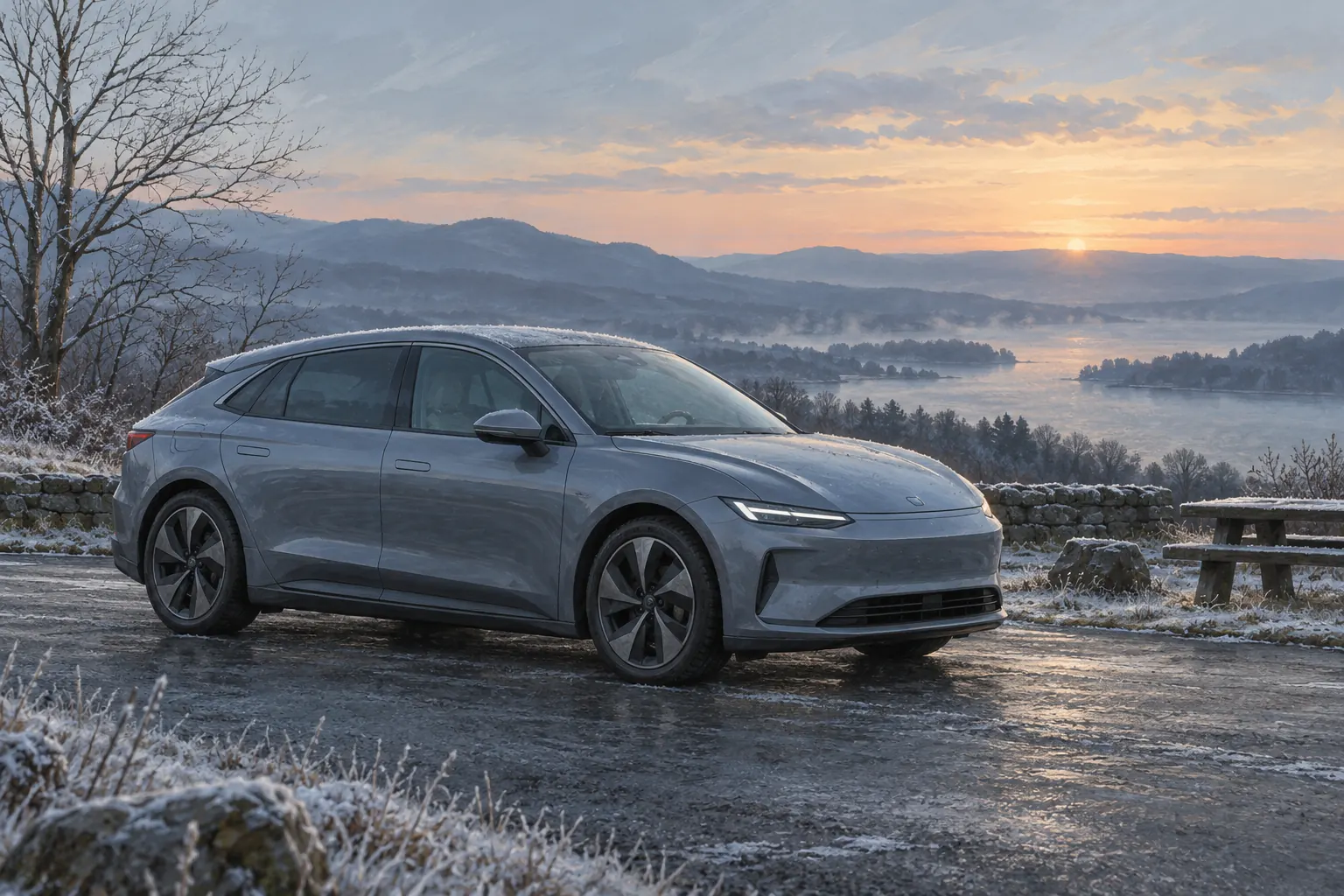 Frei gestaltetes Elektroauto an einem winterlichen Rastplatz.