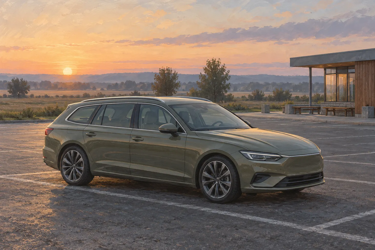 Langer frei gestalteter Kombi an einer Raststätte.
