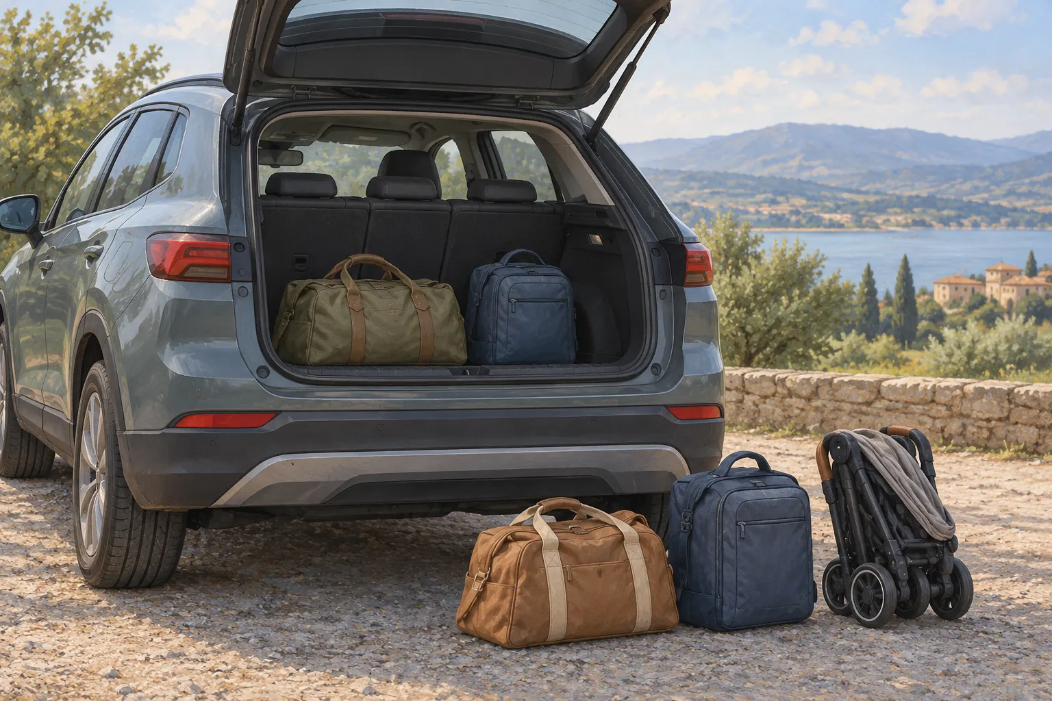 Reisegepäck und Kinderwagen für eine Beladungsprobe am frei gestalteten SUV.