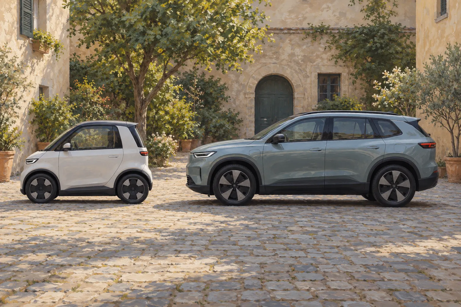 Frei gestalteter Zweisitzer und größeres Elektroauto zum Größenvergleich.