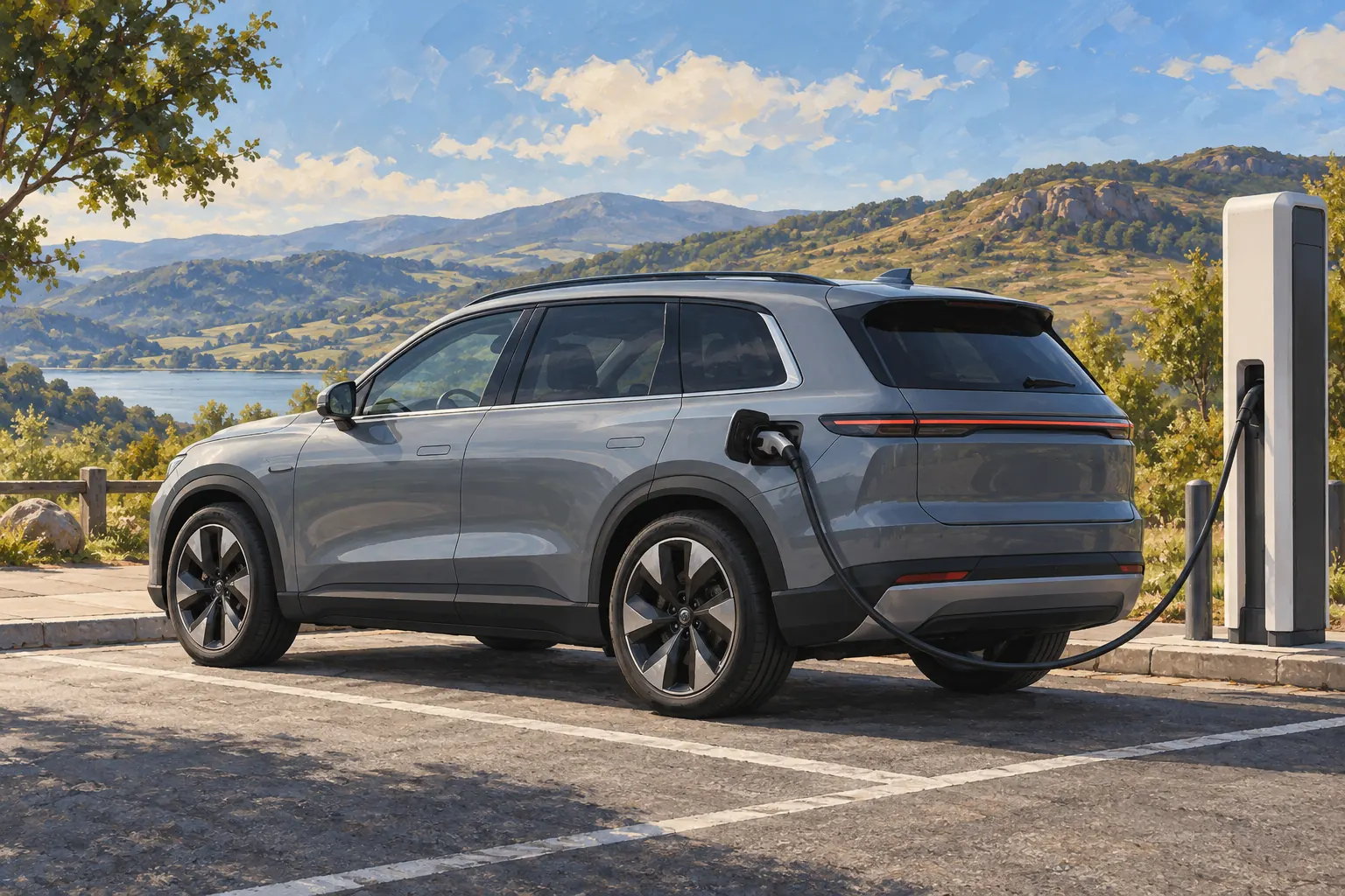 Frei gestaltetes Elektroauto beim Zwischenladen auf einer Reise.