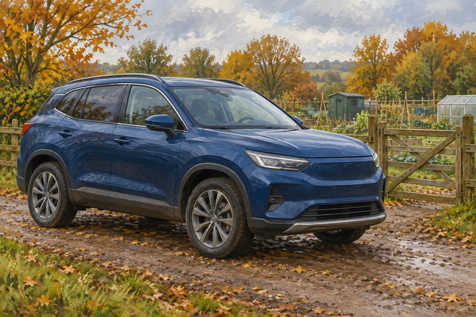 Frei gestaltetes SUV an einer Kleingartenanlage.