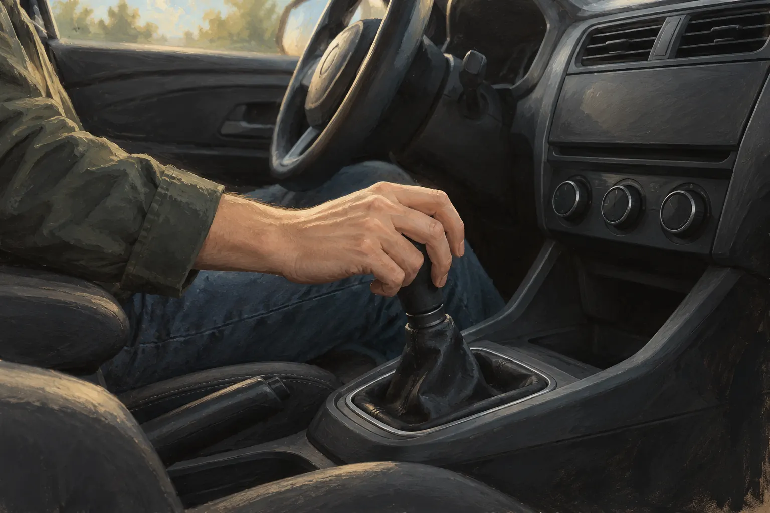 Hand am Schalthebel eines frei gestalteten Autos.