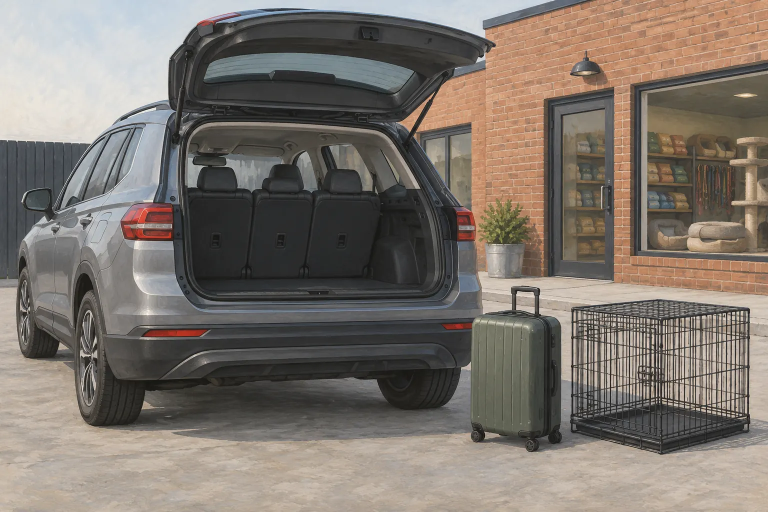 Koffer und Hundebox für die Beladungsprobe am SUV.
