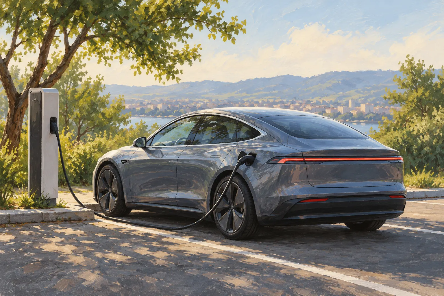 Elektrolimousine an einer Ladestation.