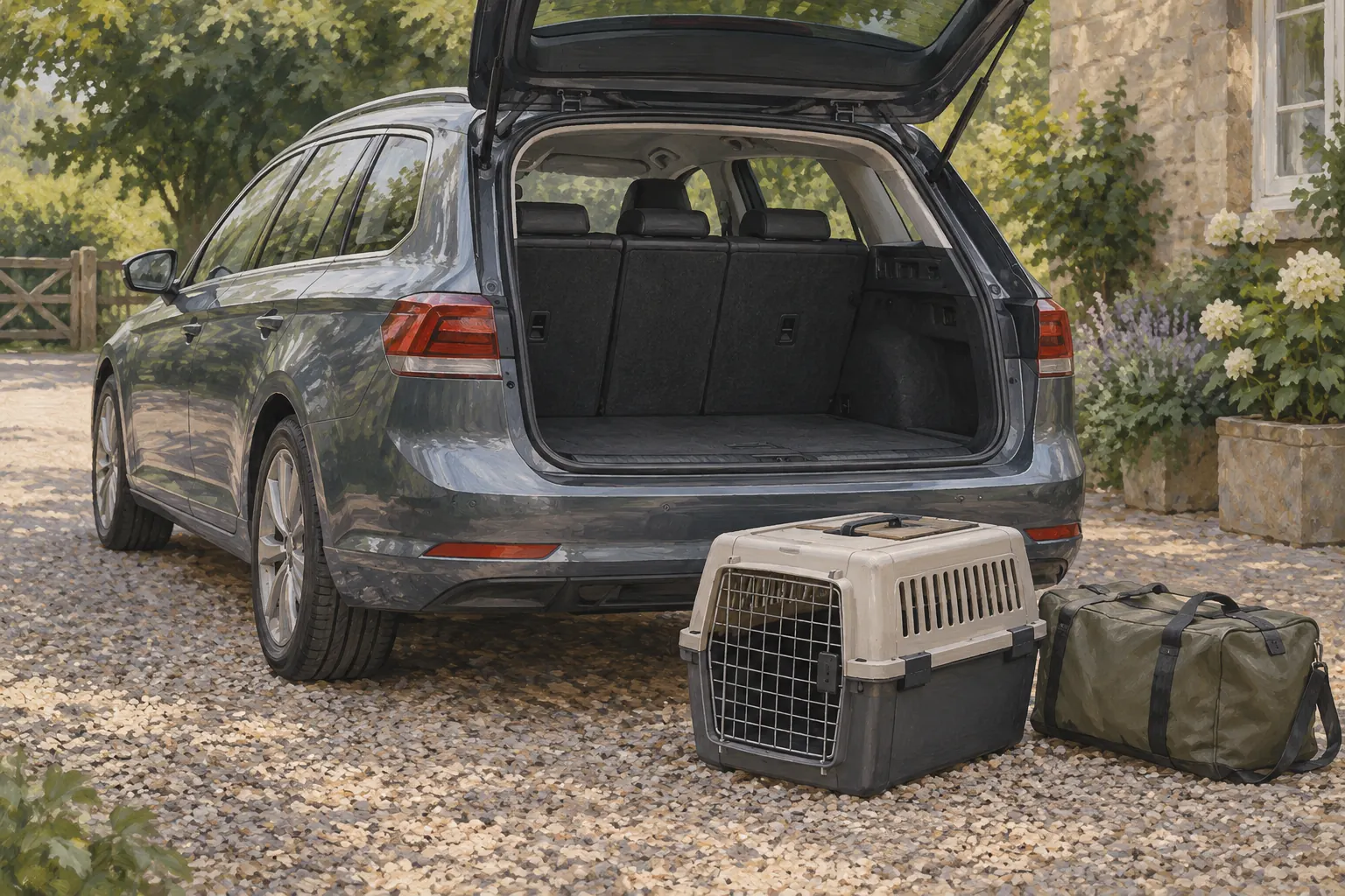 Hundebox und Gepäck für eine Beladungsprobe am Kombi.