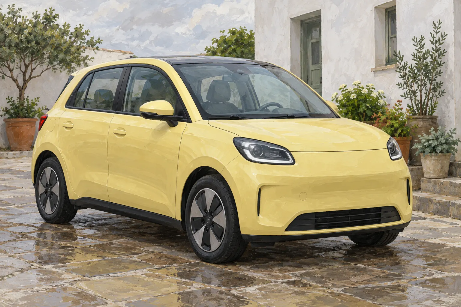Kleiner Elektrowagen in einem Innenhof.