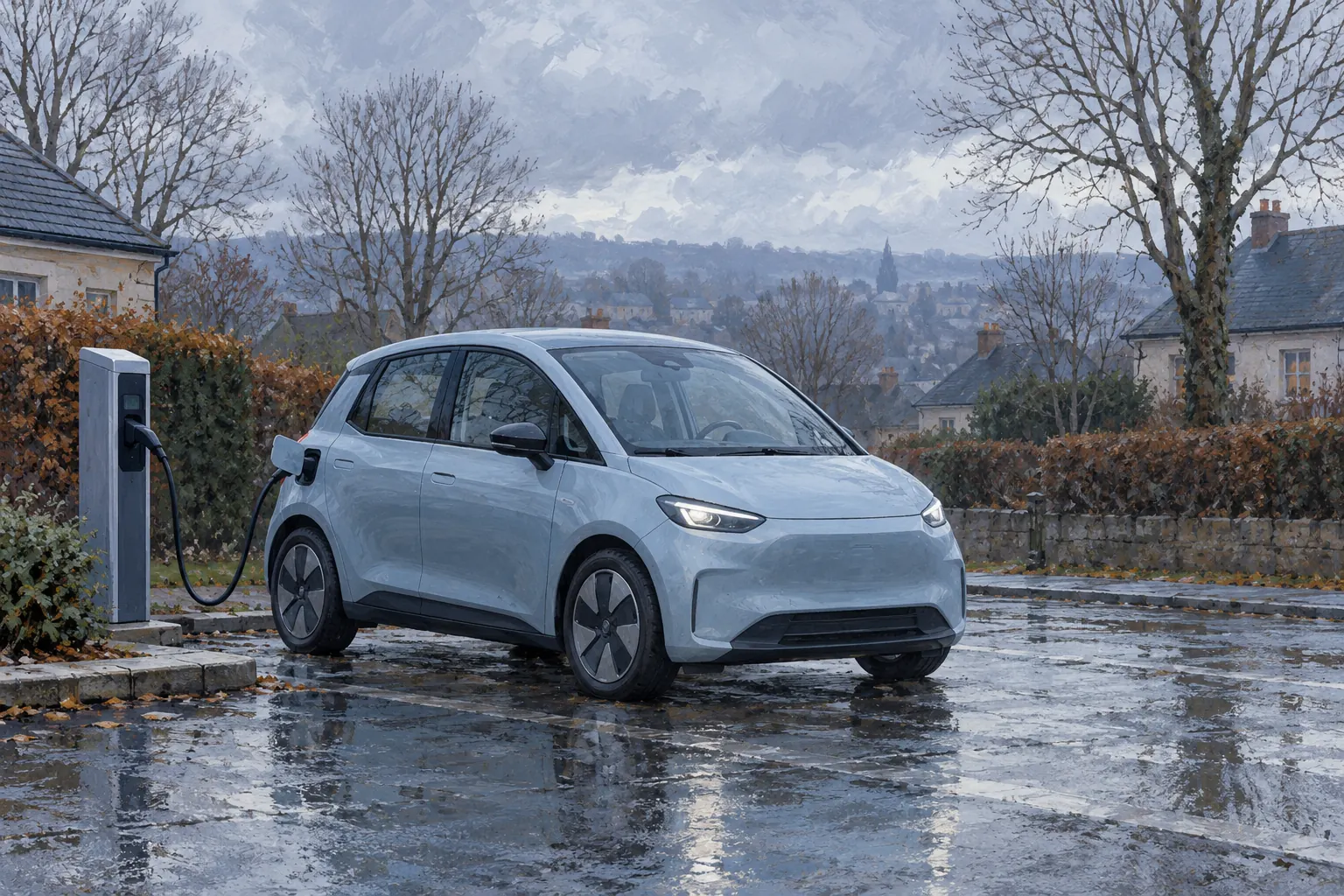 Kleiner Elektrowagen an einem winterlichen Ladeplatz.