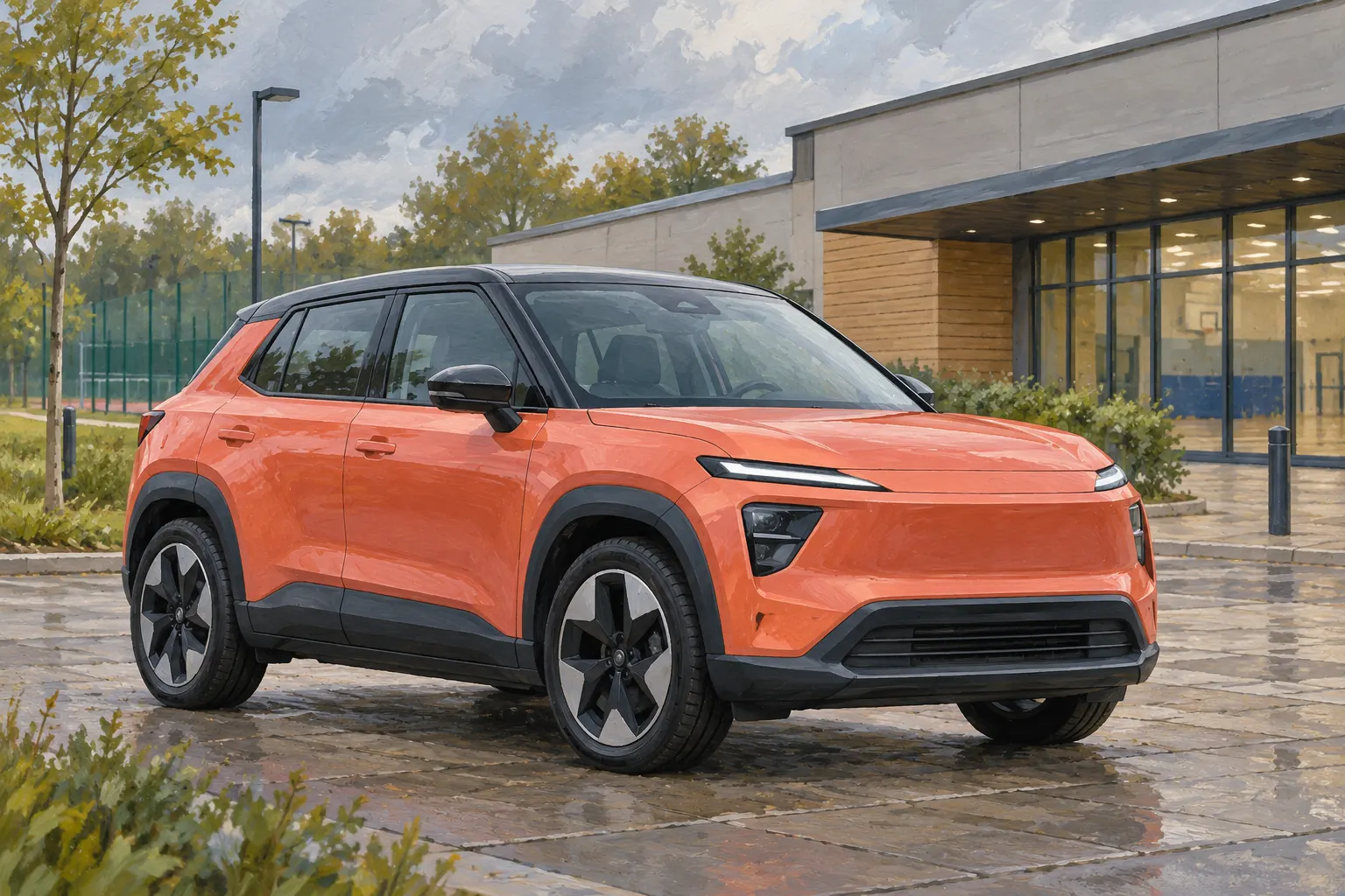 Kleiner Elektrowagen vor einer Sporthalle.