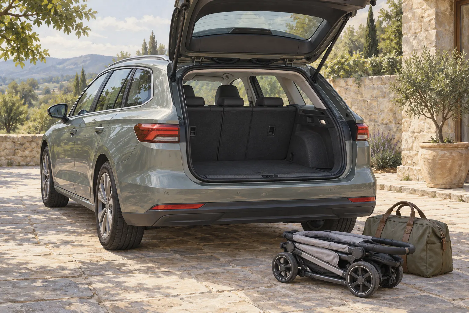 Kinderwagen und Reisetasche für eine Beladungsprobe am Kombi.