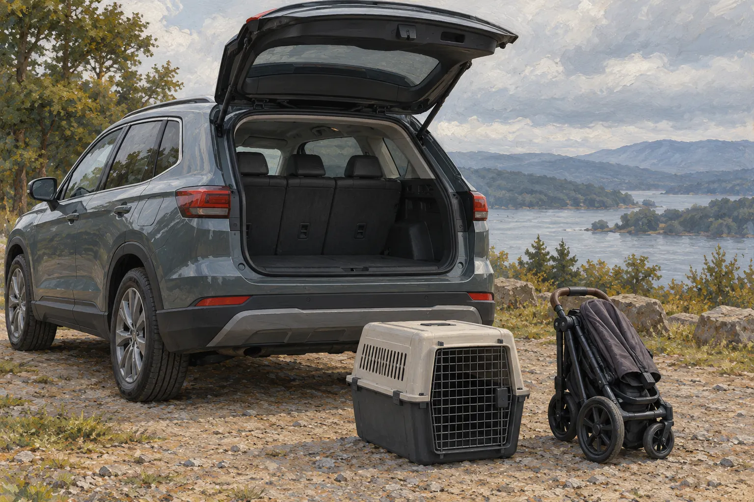 Hundebox und Kinderwagen für eine Beladungsprobe am SUV.