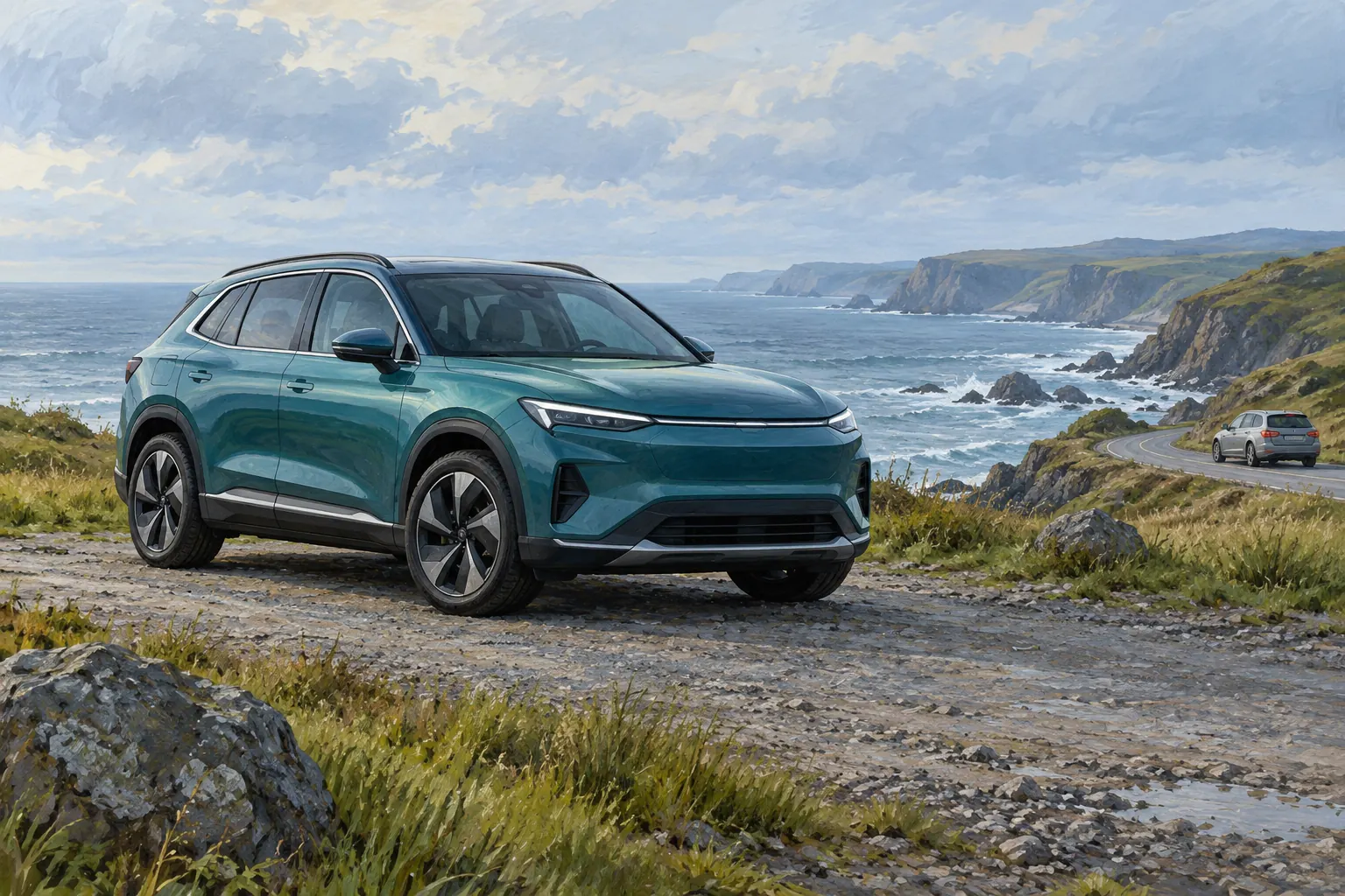 Elektro-SUV an einer Küstenstraße.