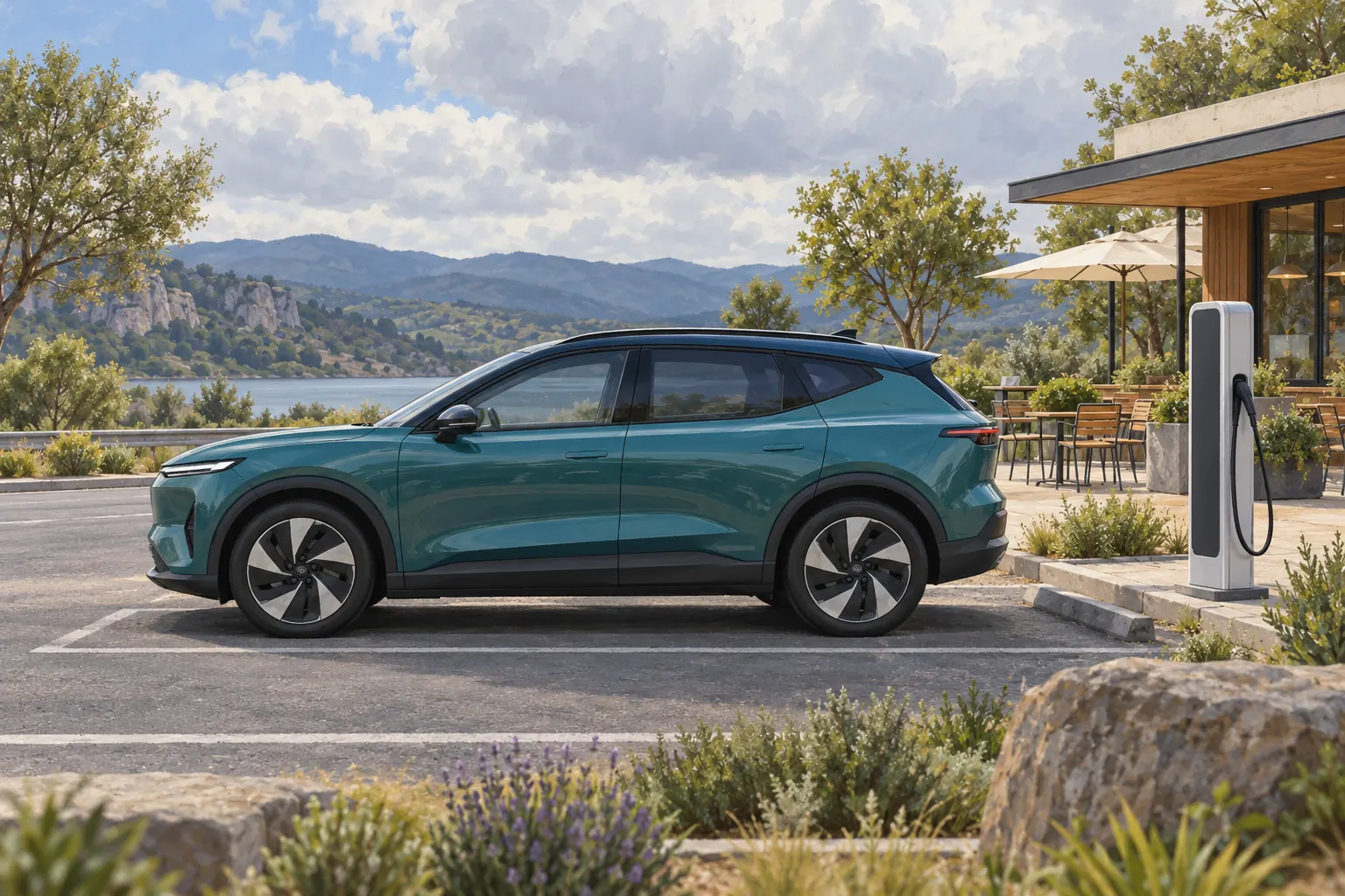 Elektroauto an einem Rastplatz mit Lademöglichkeit.