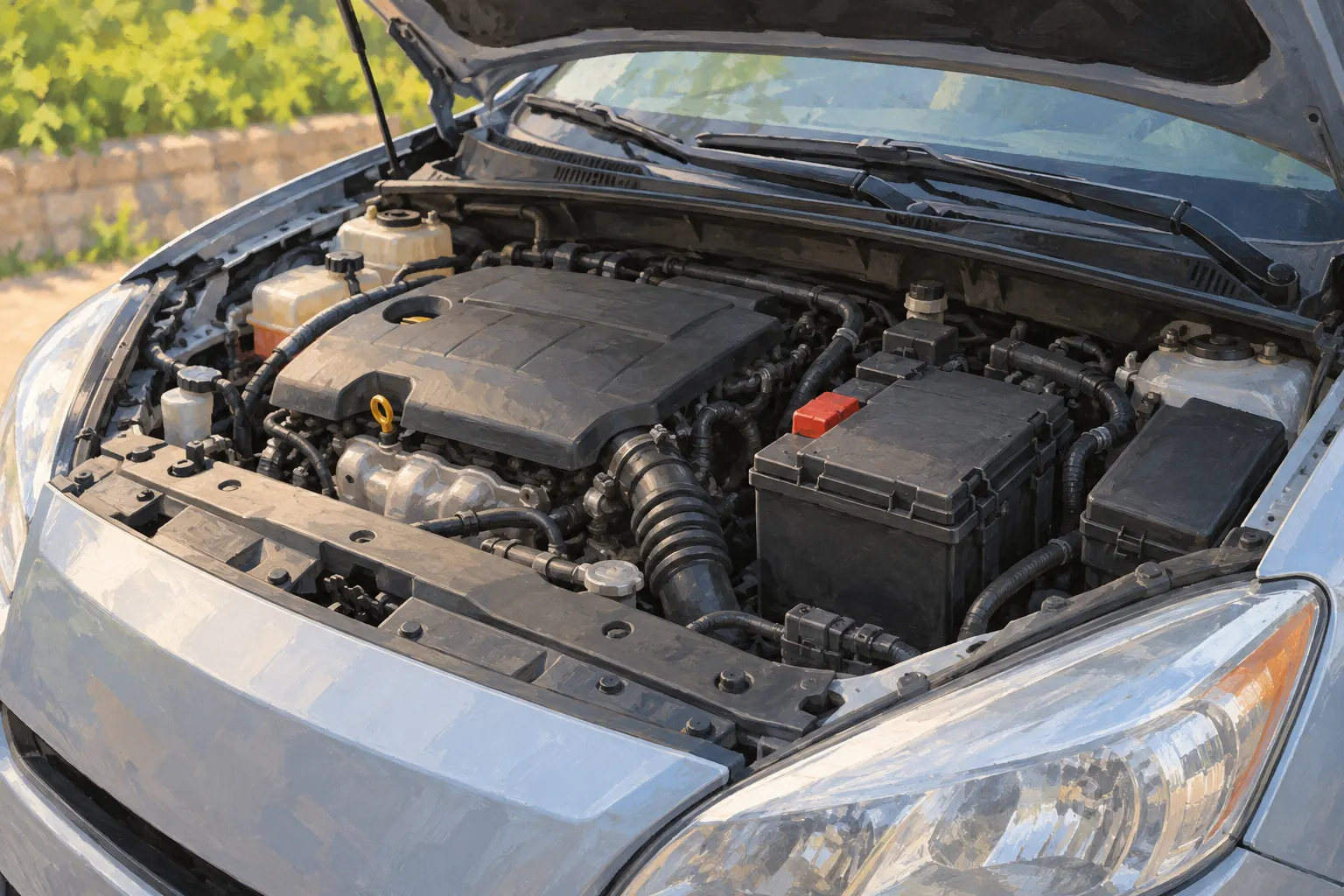 Symbolisches Motiv zur Starterbatterie unter einer geöffneten Motorhaube.