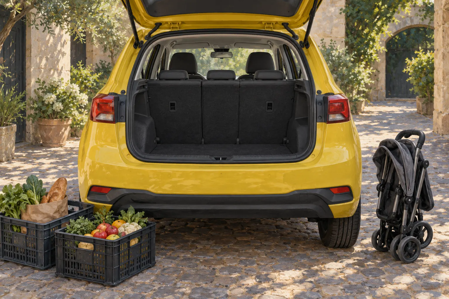 Kinderwagen und Einkaufskisten für eine Beladungsprobe am Kleinwagen.