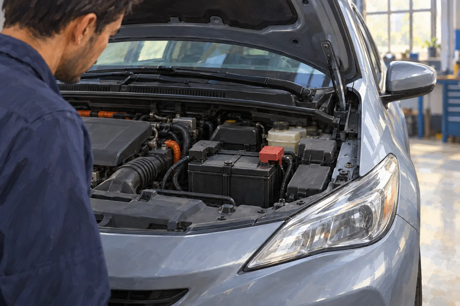 Blick in einen geöffneten Motorraum mit kleiner 12-Volt-Batterie, daneben steht ein Werkstattmitarbeiter.
