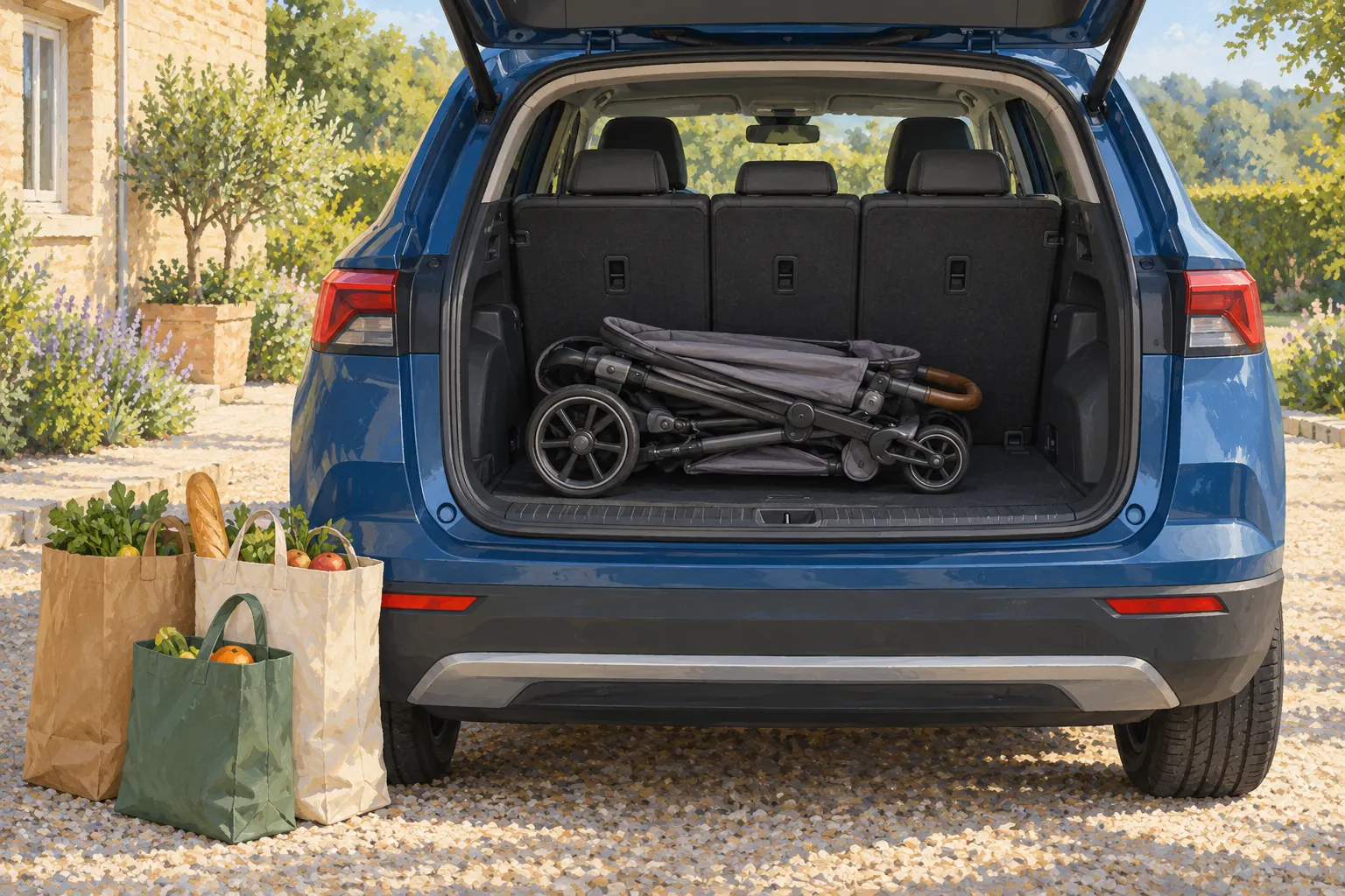 Kinderwagen und Taschen für eine Beladungsprobe am SUV.