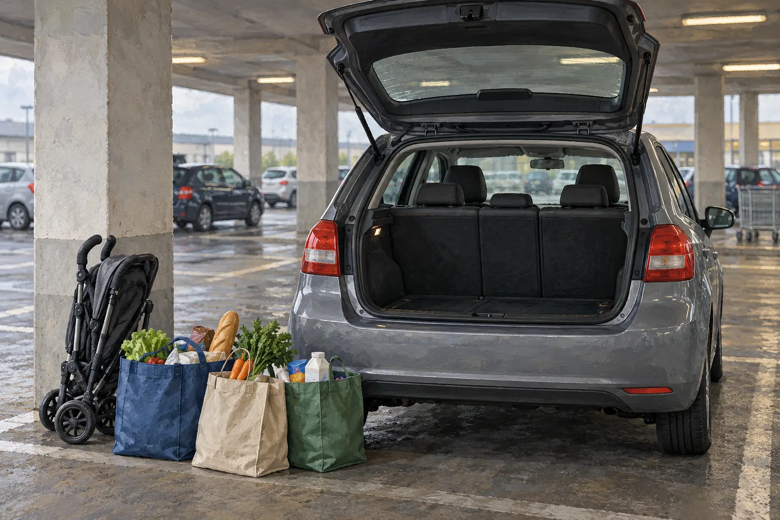 Einkauf und Kinderwagen für eine Beladungsprobe am Kompaktwagen.