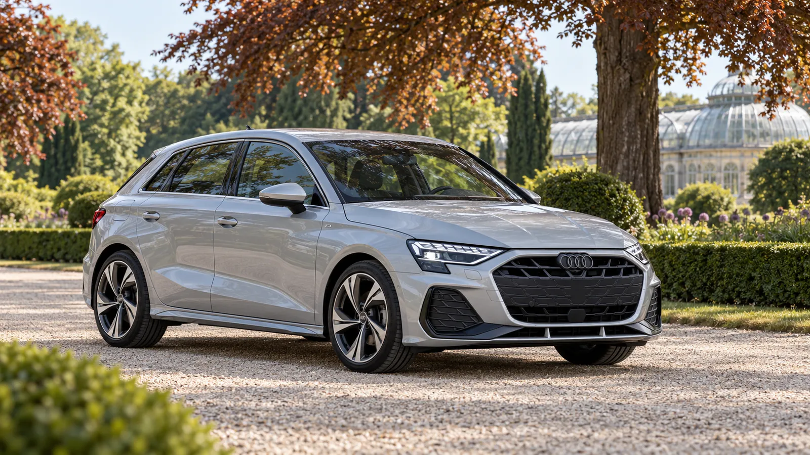Weißer Audi A3 Sportback vor einem Gewächshaus.