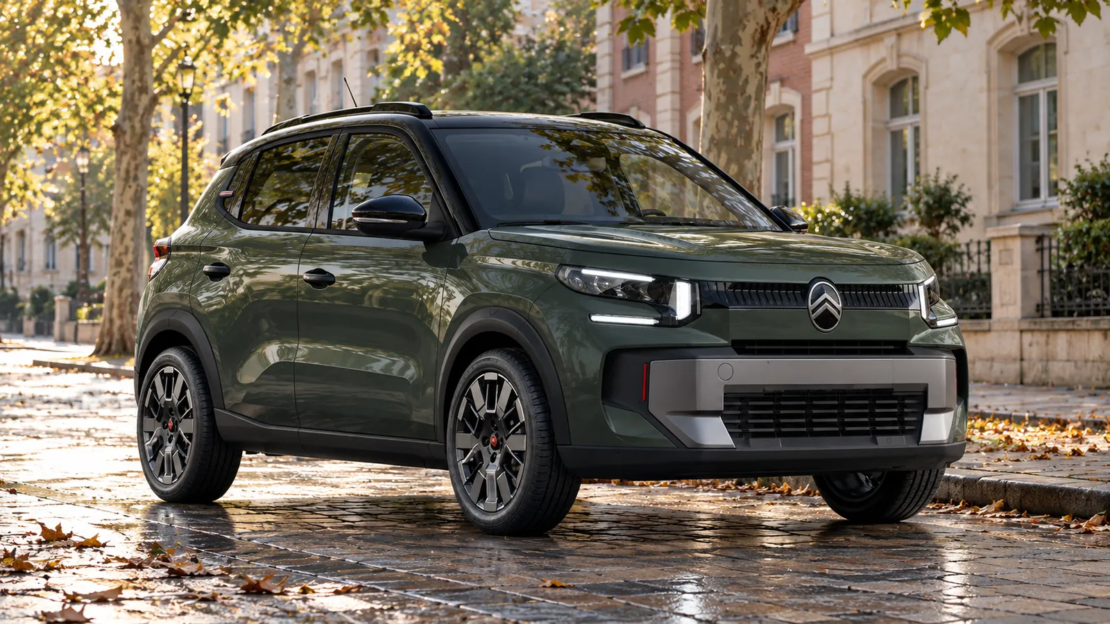 Grüner Citroën C3 mit schwarzem Dach in einer Stadtstraße.