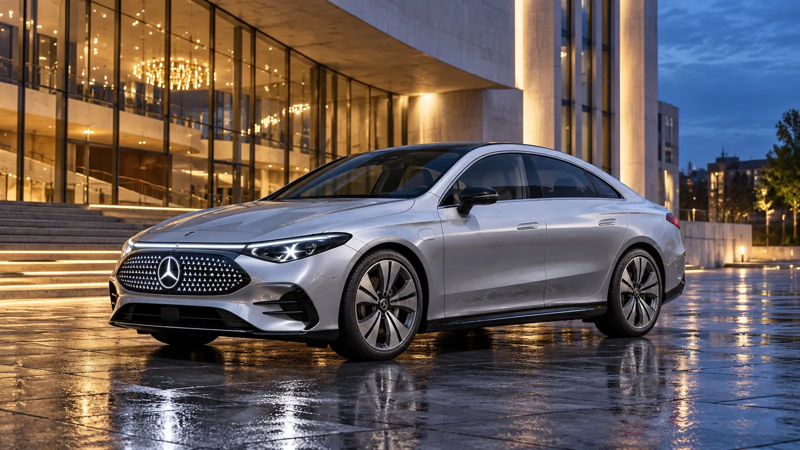 Silberner Mercedes-Benz CLA vor einem beleuchteten Konzerthaus.