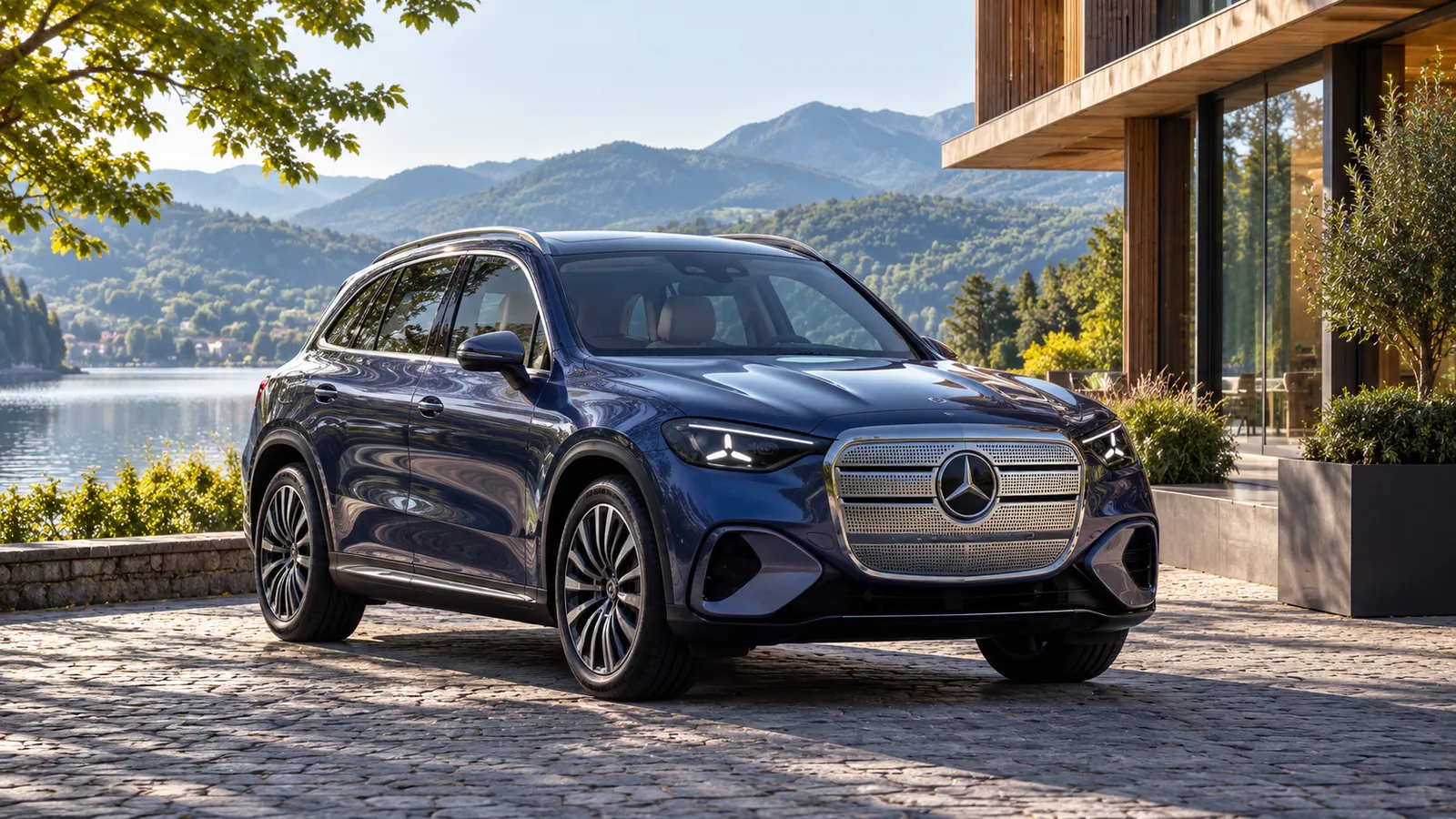 Blauer Mercedes-Benz GLC schräg von vorn vor einem Hotel am See.