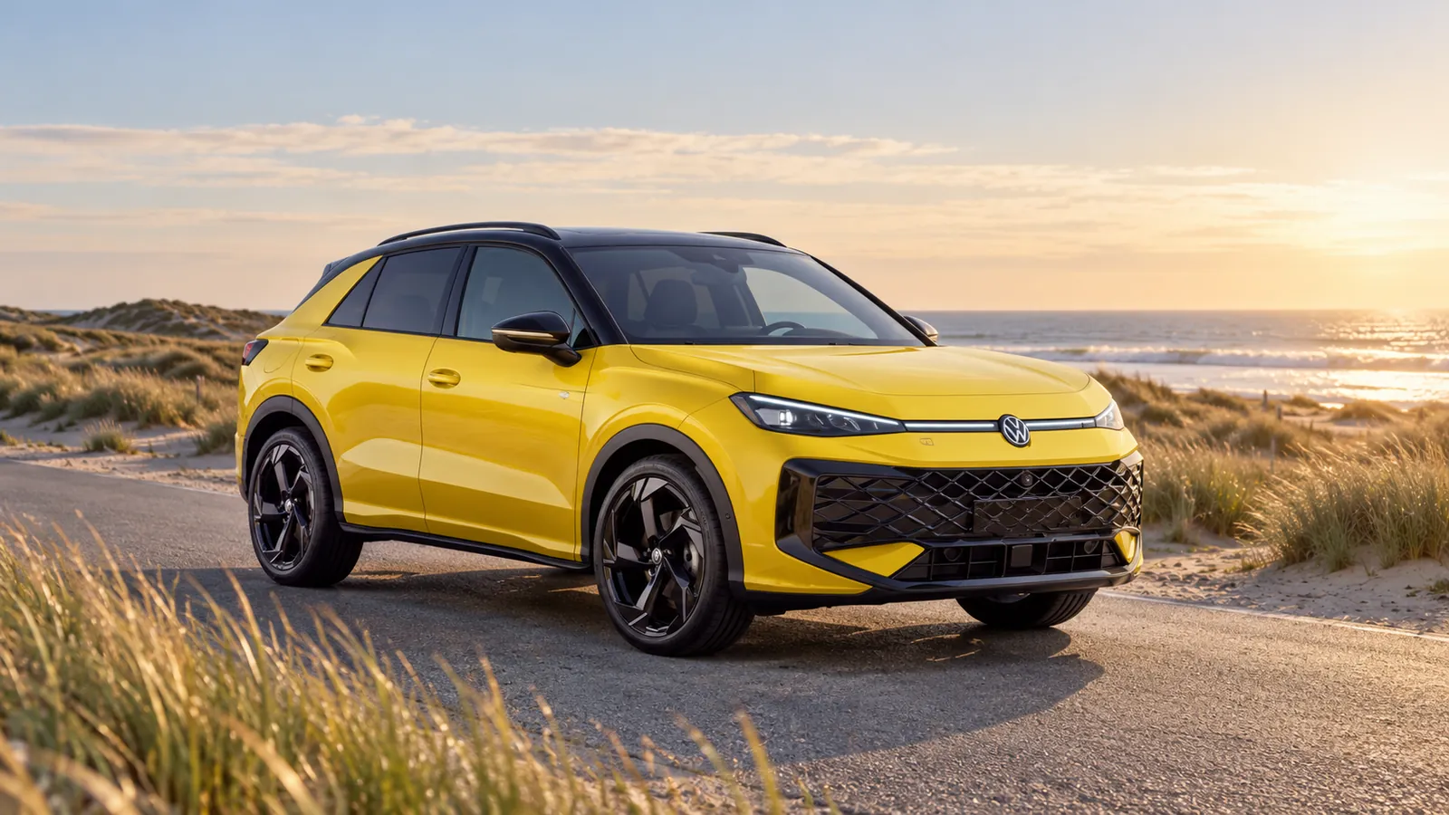 Gelber Volkswagen T-Roc schräg von vorn an einer Küstenstraße.