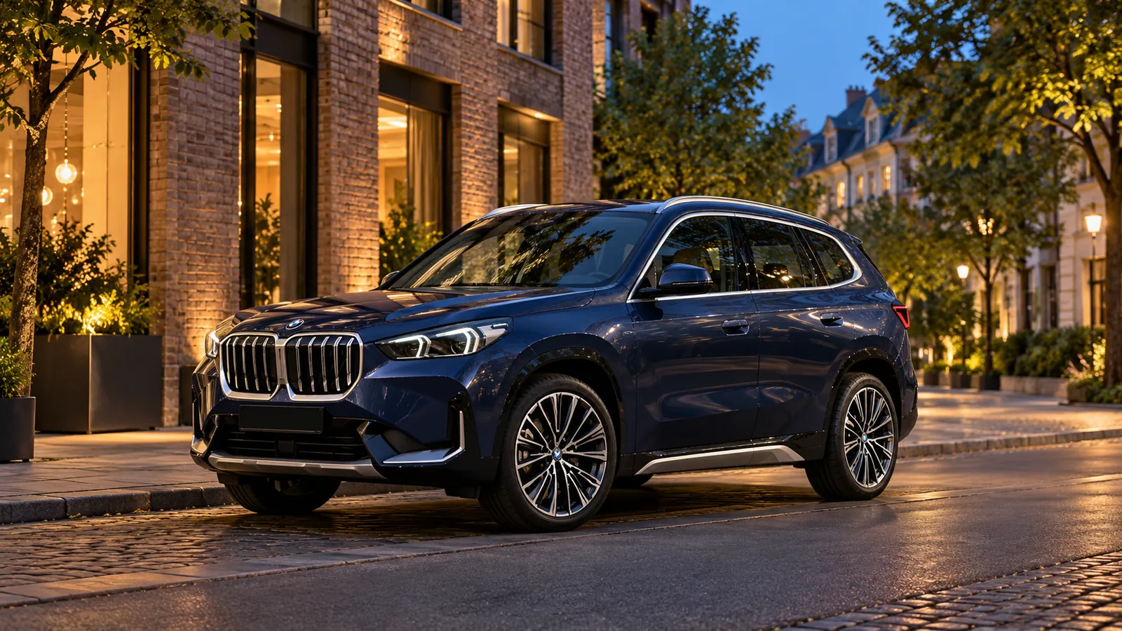 Blauer BMW X1 schräg von vorn vor einem beleuchteten Gebäude.