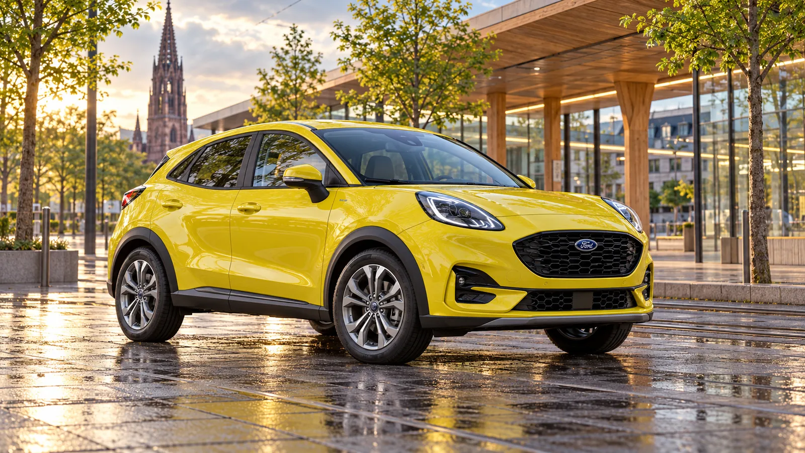 Gelber Ford Puma vor einem Gebäude in Freiburg.