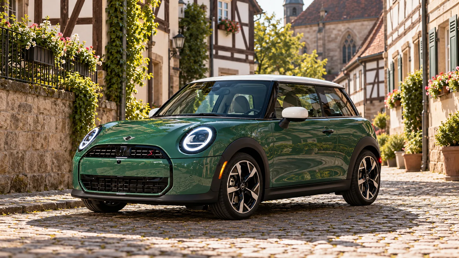 Grüner MINI Cooper S mit weißem Dach in einer Altstadt.