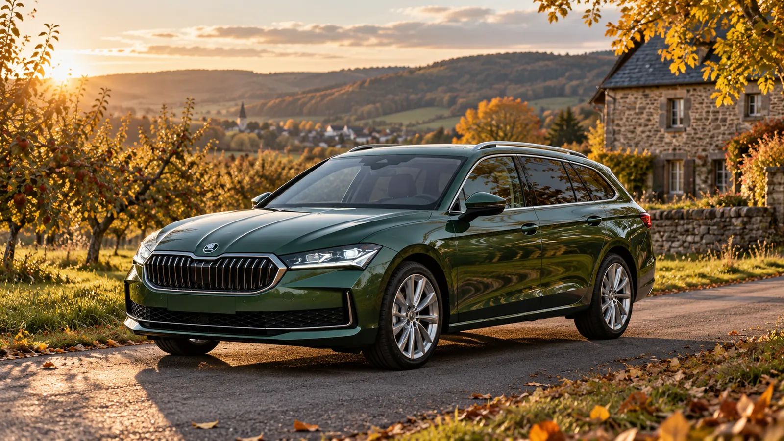 Grüner Škoda Superb Combi an einem Obstgarten.