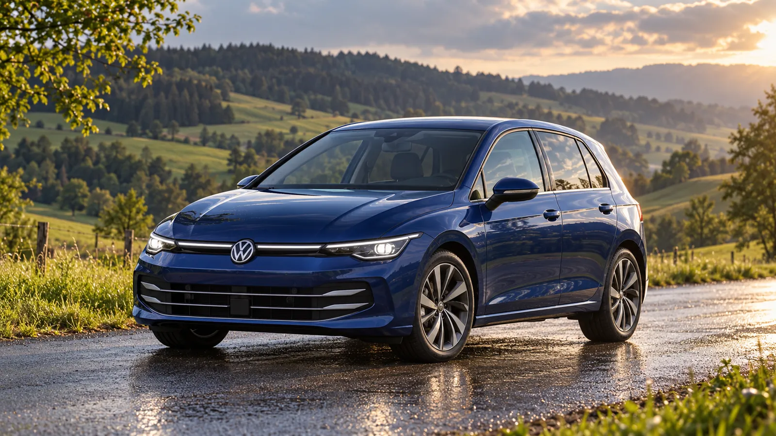 Blauer Volkswagen Golf schräg von vorn auf einer Landstraße.