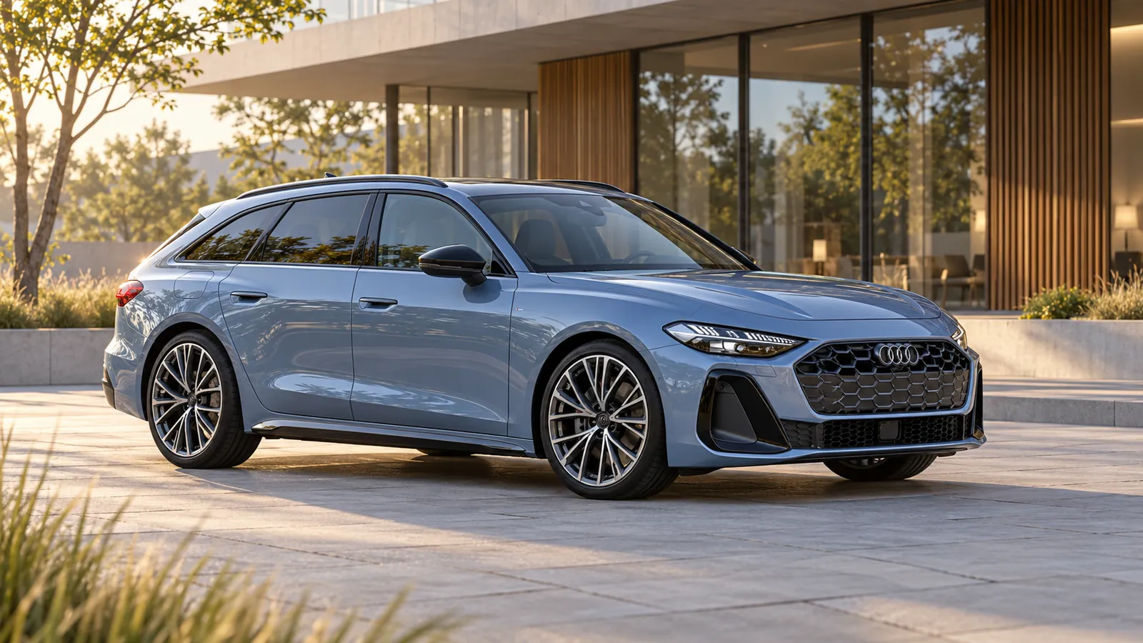 Hellblauer Audi A5 Avant vor einem modernen Gebäude.