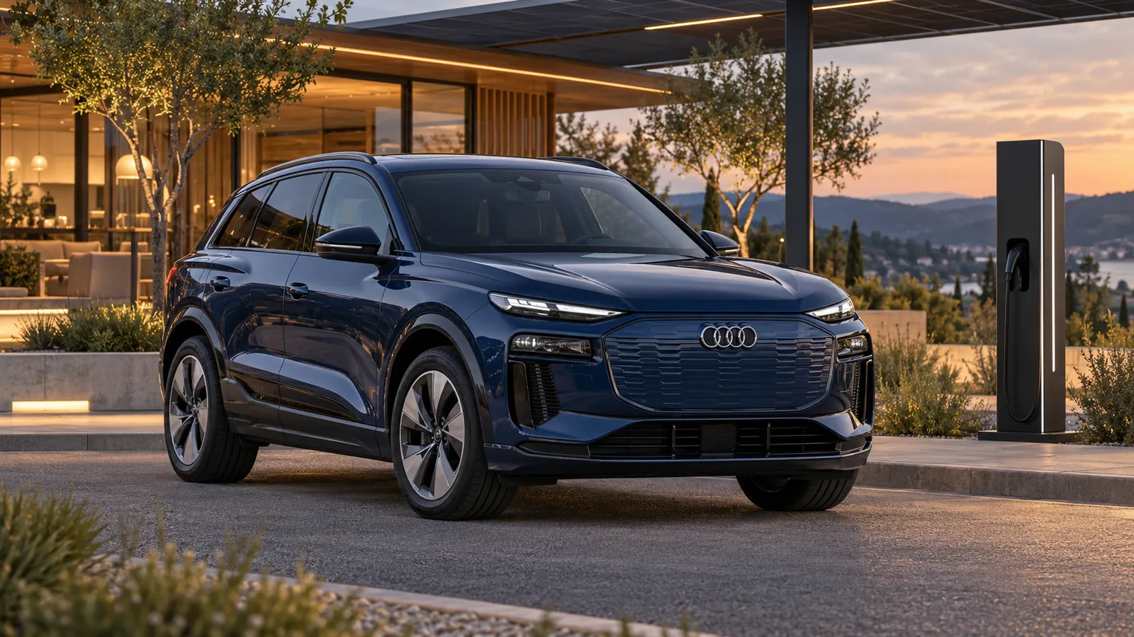 Blauer Audi Q6 e-tron an einer Ladestation.