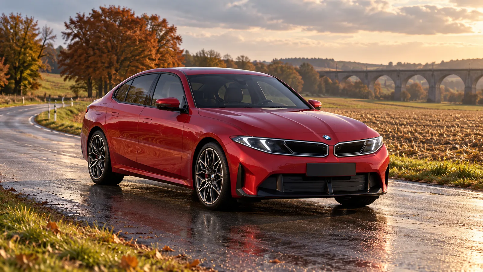 Roter BMW 3er auf einer Landstraße im Herbst.