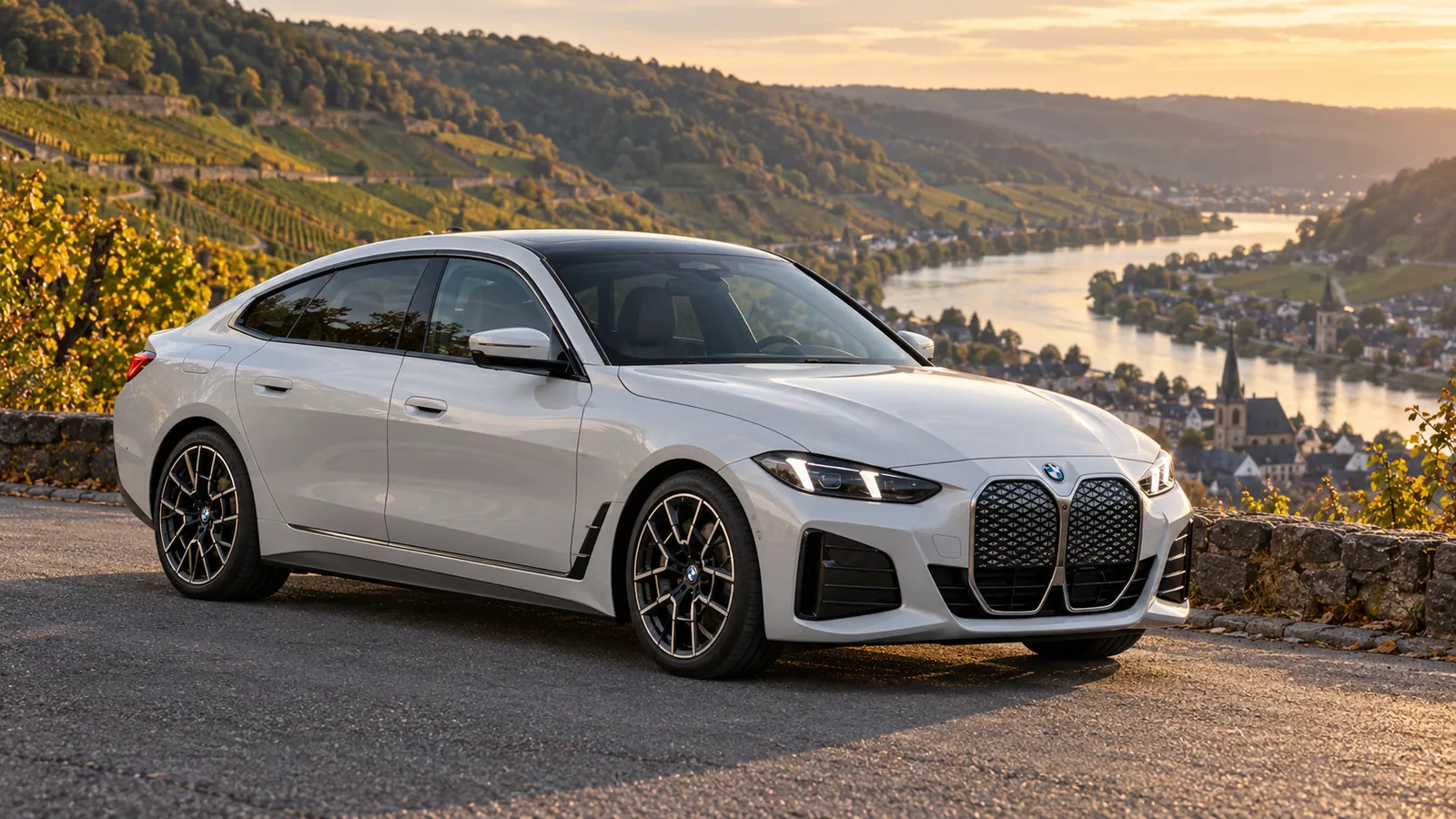 Weißes BMW 4er Gran Coupé vor Weinbergen.