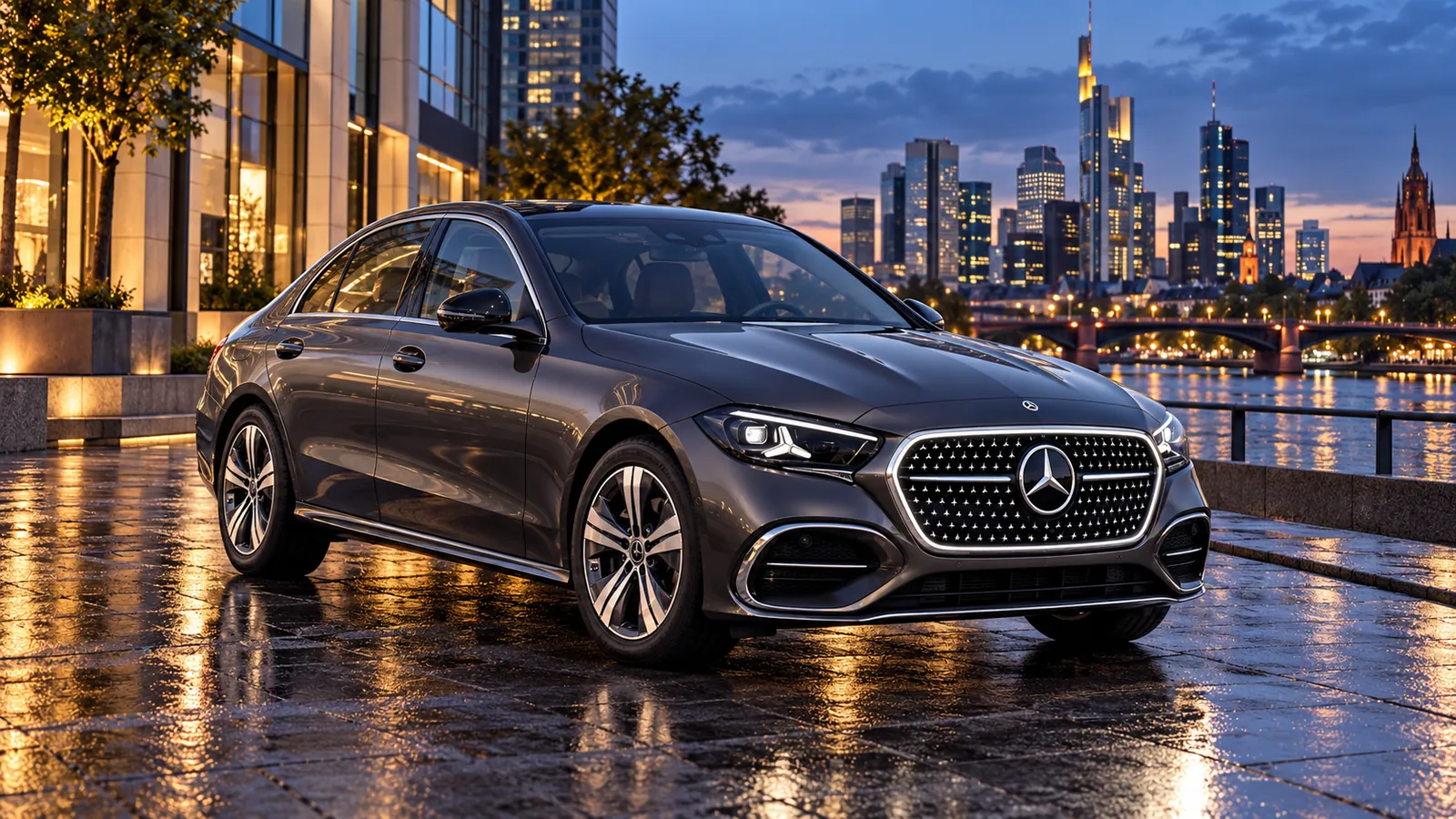 Graue Mercedes-Benz C-Klasse am Mainufer.